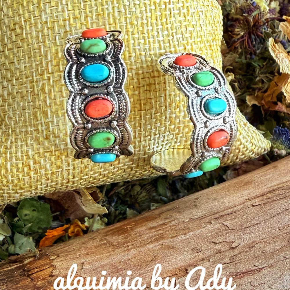Silver chunky colorful turquoise earrings - Picture 2 of 2
